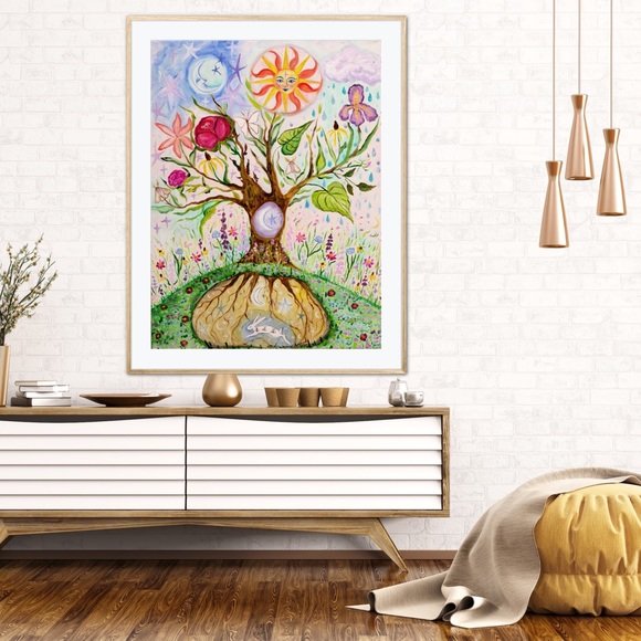 Tree of Life Whimsy Art Print flowers rabbit sun moon colorful whimsical fantasy - Picture 7 of 9
